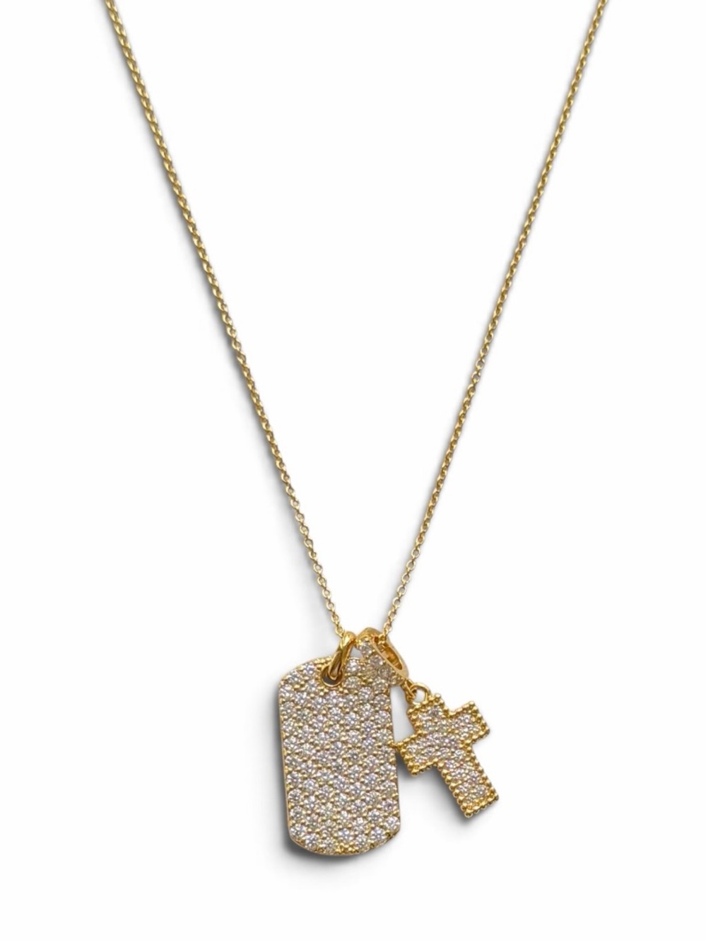 Lisa Robertson Italy 18K Gold Over Bronze Pave CZ Dog Tag & Cross Necklace Set